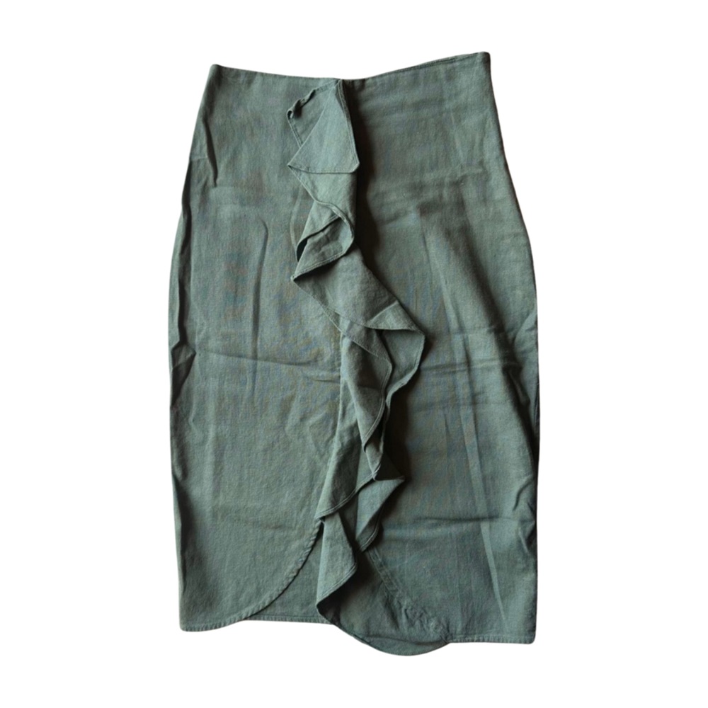 ZARA Olive Green Ruffle Wrap Mini Skirt – Soft Modern Feminine Minimalist XS